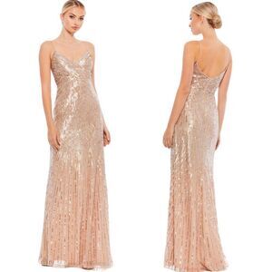 Mac Duggal Sequin Gold / Rose Spaghetti Strap V Neck Gown Dress Size 8